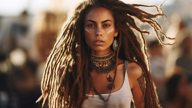 close up of beautiful young woman hippie woman at sunset. Summer open air festival.