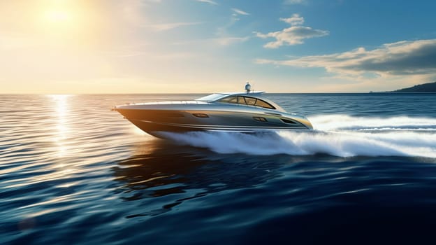 big speedboat fast moving on dark water. Boat movement on the water. Motor boat in motion.