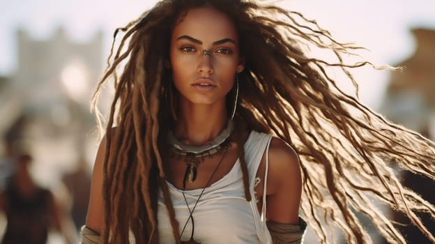close up of beautiful young woman hippie woman at sunset. Summer open air festival.