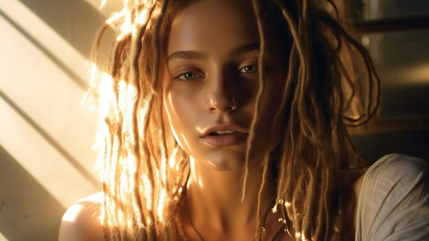 close up of beautiful young woman hippie woman at sunset.