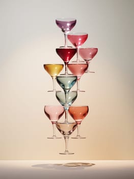 Tower made of glasses with champagne on dark background