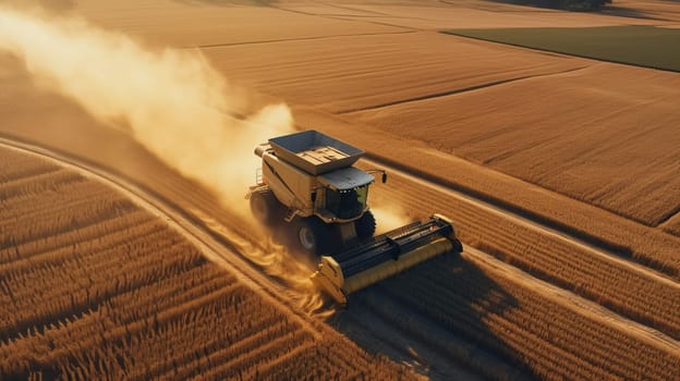 Aerial view of combine harvester in vast wheat field