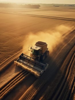 Aerial view of combine harvester in vast wheat field