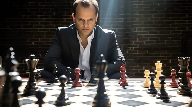 Business strategy concept. Chess with a businessman in suit in the background.