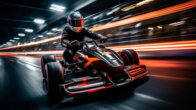 Go kart racing field, racer wearing safety uniform on competition tournament. Carting competitions. Driver in helmet on kart circuit. AI generated