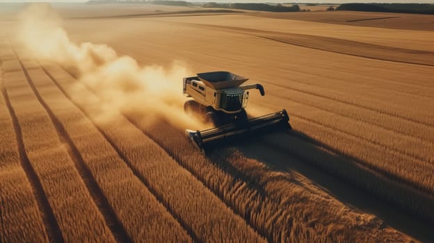 Aerial view of combine harvester in vast wheat field