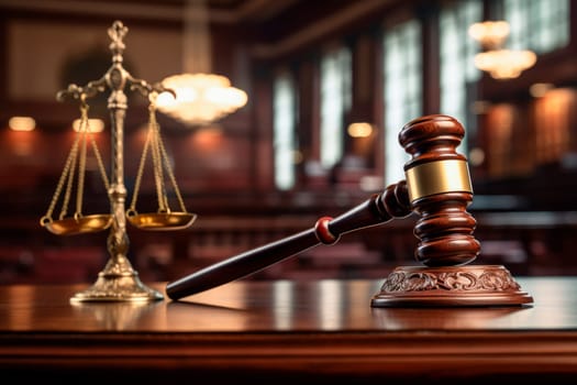 Judgment gavel hammer in court with scales of Justice. Law and justice symbols. AI generated
