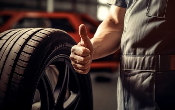 Machanic, car workshop, tireworkshop and thumbs up symbol.