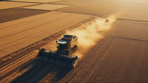 Aerial view of combine harvester in vast wheat field