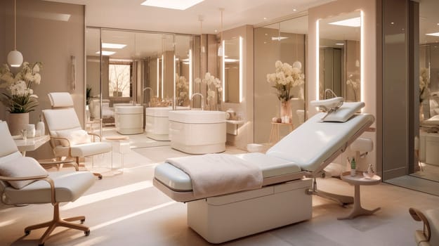Modern clean interior design of bright beauty spa. Beauty and body care. Empty professional dermatologist room waiting for customers. AI generated