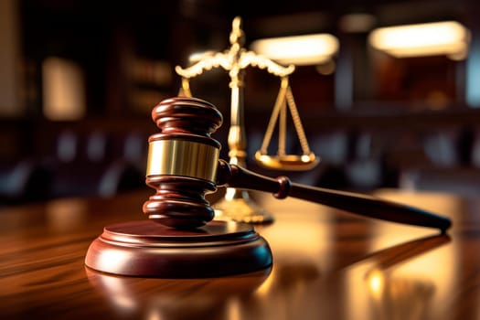 Judgment gavel hammer in court with scales of Justice. Law and justice symbols. AI generated