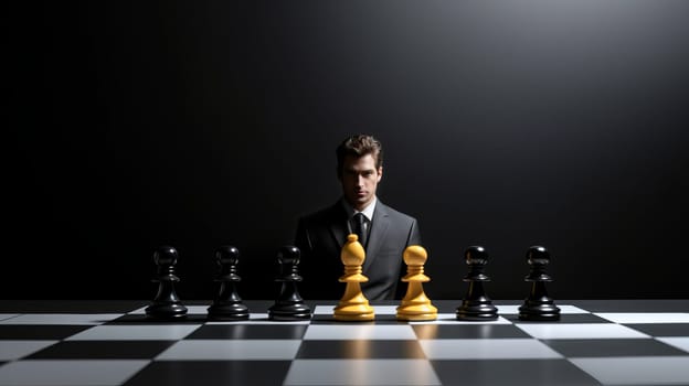Business strategy concept. Chess with a businessman in suit in the background.