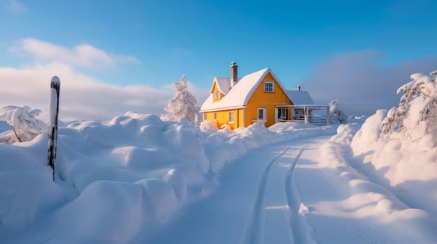 Morning after heavy snow, a yellow wooden house with thick snow cover on the roof. Car tracks in a fresh snow leading to the yellow cottage. AI generated
