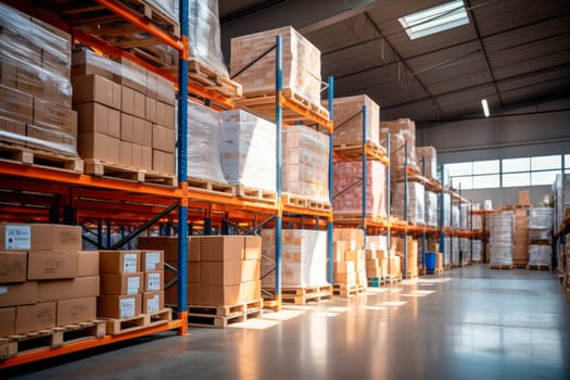 Retail Warehouse full of Shelves with Goods in Cardboard Boxes and Packages. Logistics, Sorting and Distribution Facility for Product Delivery. AI generated