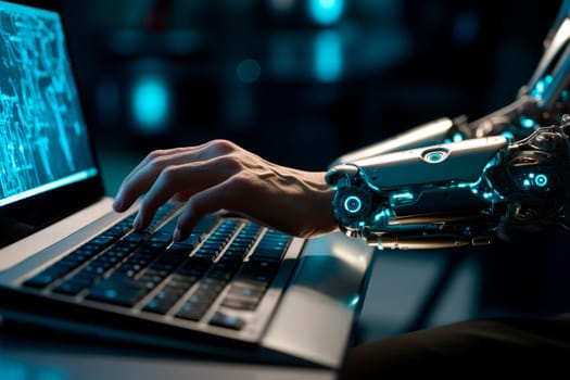 Hand of a ai or  robot is using the keyboard of an computer or laptop . AI generated