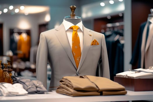 Men luxury clothing shop. Interior of the business suit shop. Men clothing on mannequins in a store. AI generated