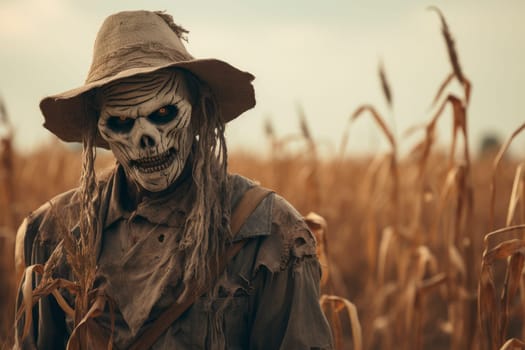 Creepy scarecrow with skull head in the corn fields, horror concept. AI generated