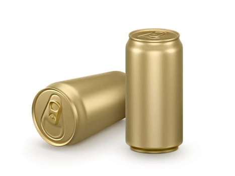 Golden aluminium cans on white background