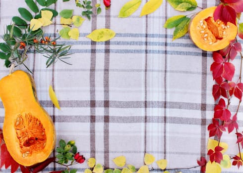 checkered beige autumn background with edible cut pumpkin and crimson yellow leaves.