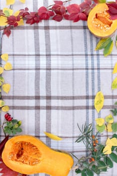 checkered beige autumn background with edible cut pumpkin and crimson yellow leaves.