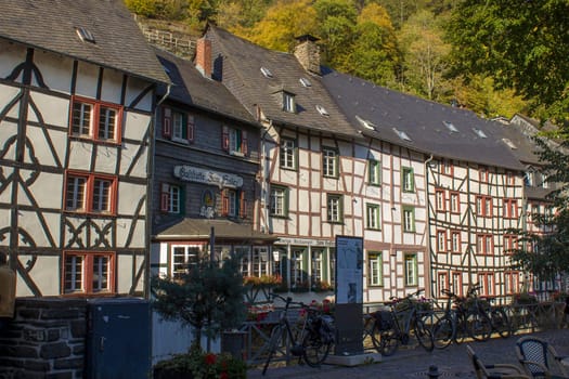 MONSCHAU, GERMANY - SEPTEMBER 22, 2020: small town Monschau with unidentified people. The historic town center has many half-timbered houses and narrow streets remained nearly unchanged for 300 years