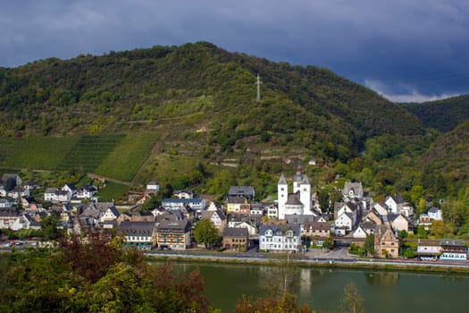 View of Treis-Karden town with the Moselle river in Rhineland-Palatinate, Germany