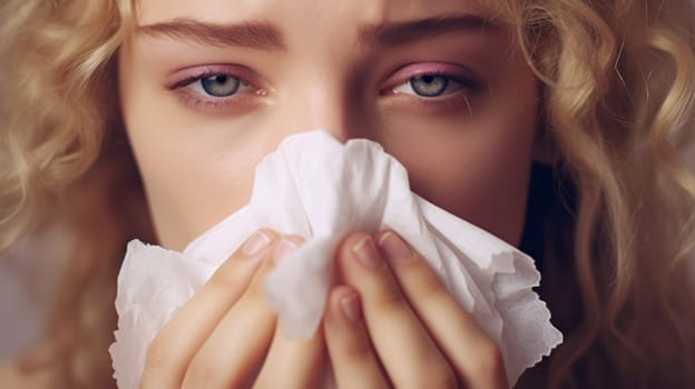 Covering face with tissue. Cold concept photo. Sneezing into tissues.