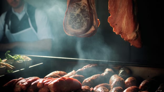 Smoked delicious meat with natural wooden smoke. Moody lighting. Website header or social media use.