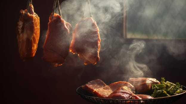 Smoked delicious meat with natural wooden smoke. Moody lighting. Website header or social media use.