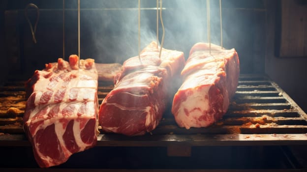 Smoked delicious meat with natural wooden smoke. Moody lighting. Website header or social media use.