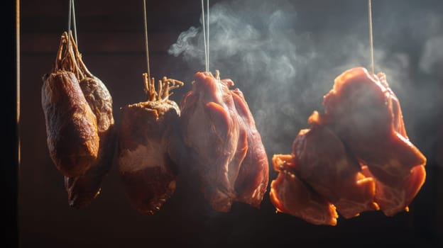 Smoked delicious meat with natural wooden smoke. Moody lighting. Website header or social media use.