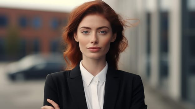 A confident young beautiful businesswoman in black coat or suit is standing near the office building.