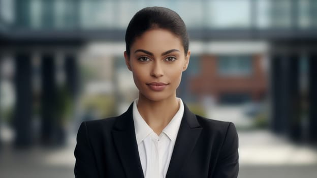 A confident young beautiful businesswoman in black coat or suit is standing near the office building.