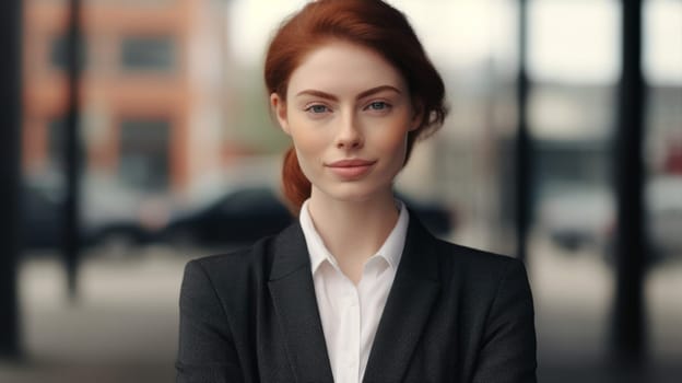 A confident young beautiful businesswoman in black coat or suit is standing near the office building.
