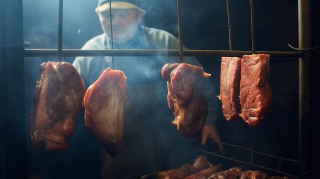 Smoked delicious meat with natural wooden smoke. Moody lighting. Website header or social media use.