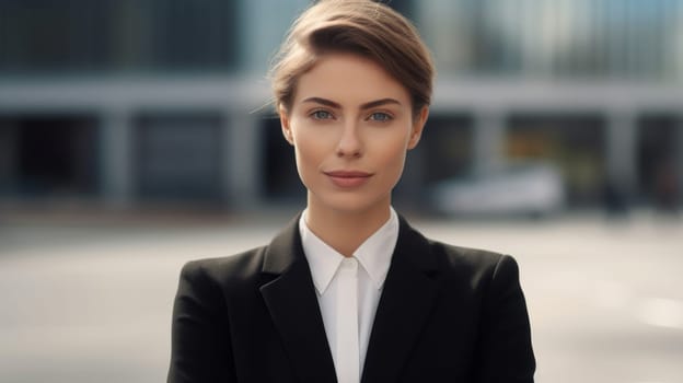A confident young beautiful businesswoman in black coat or suit is standing near the office building.