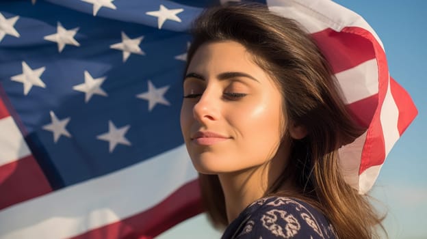 Young brunette woman with United States USA flag behind her.