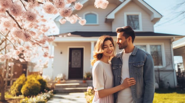 A couple in front of their new house. Real estate, investment, finance concept. Buying home.