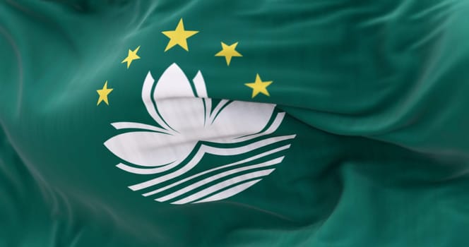 Close-up of Macau flag waving. Green area, lotus flower center, 5 stars atop, stylized bridge and waters below. 3d illustration render. Selective focus. Textured fabric background