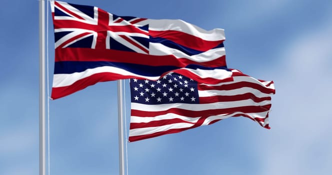 Hawaii state flag waving with the national flag of the United States of America on a clear day. 3d illustration render. Fluttering fabric. Selective focus
