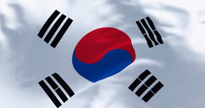 Close-up of South Korea national flag waving in the wind. White field, red-blue Taegeuk center, four black trigrams. 3d illustration render. Fluttering fabric. Textured rippled background