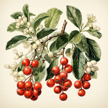 Christmas branch with berries plants, holly berry, christmas tree, pine, leaves branches, holiday decoration, winter symbols isolated on white background. Stylish modern design. Vintage nature illustration