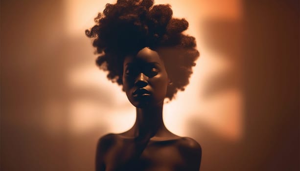 Beautiful portrait of proud African American black woman silhouette with afro curly hair on soft background. Copy space illustration of African American woman profile with afro ponytail hairstyle. Space for text