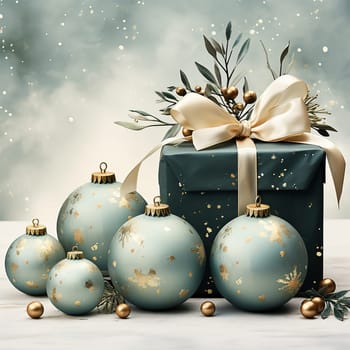 Merry Christmas and Happy New Year. Background Xmas design realistic gifts box, festive decorative objects. flat lay top view. Vintage Christmas poster, holiday banner, flyer, stylish brochure, greeting card Copy space Space for text