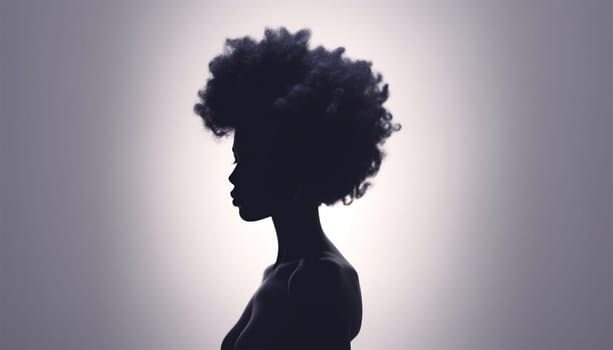 Beautiful portrait of proud African American black woman silhouette with afro curly hair on soft background. Copy space illustration of African American woman profile with afro ponytail hairstyle. Space for text