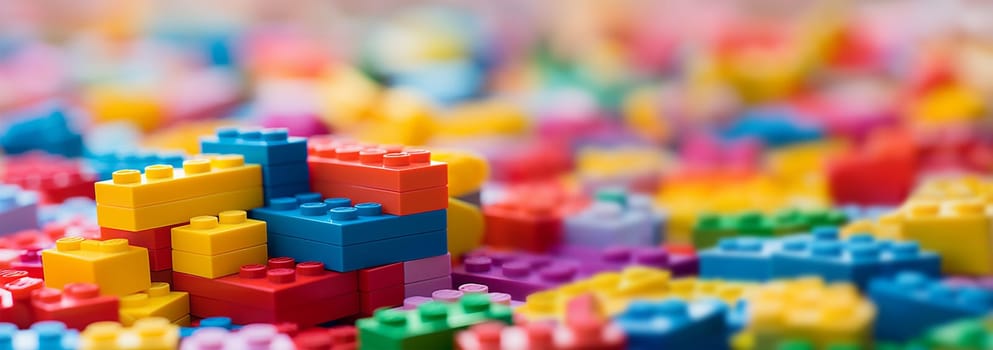 Set of brick block building toys 3d isometric illustration for children. Colorful bricks toy. Part and piece for decorative design and creative game. Copy space colorful background plastic