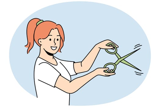 Smiling woman holding scissors in hands cutting. Happy millennial girl with cutters. Vector illustration.