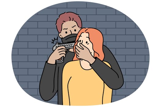 Angry man with gun in hands rob scared young woman outdoors. Furious criminal threaten terrified girl with weapon. Robbery and kidnapping. Vector illustration.