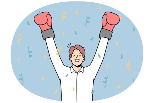 Overjoyed businessman in boxing gloves celebrate business success or win. Smiling male employee or worker triumph with victory. Vector illustration.