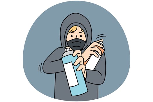 Young man in hood and face mask spraying with paint outdoors. Guy in hoodie painting graffiti with sprays outside. Hooligan activity. Vector illustration.